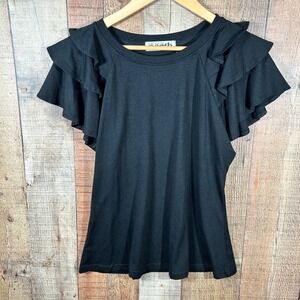 One Eleven North Large Black Ruffle Flutter Sleeve Soft Jersey Knit Blouse Top